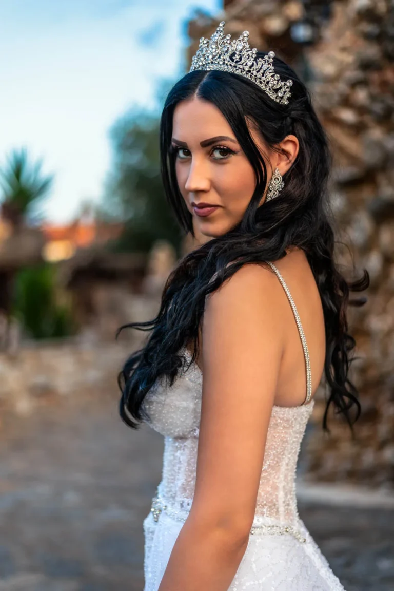 Maria during her wedding day outside Agia Triada Monastery in Chania, Crete.