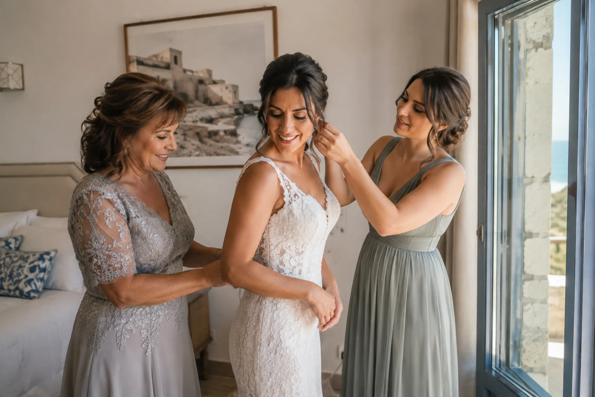 Bride getting ready with her mother and bridesmaid before a wedding in Crete