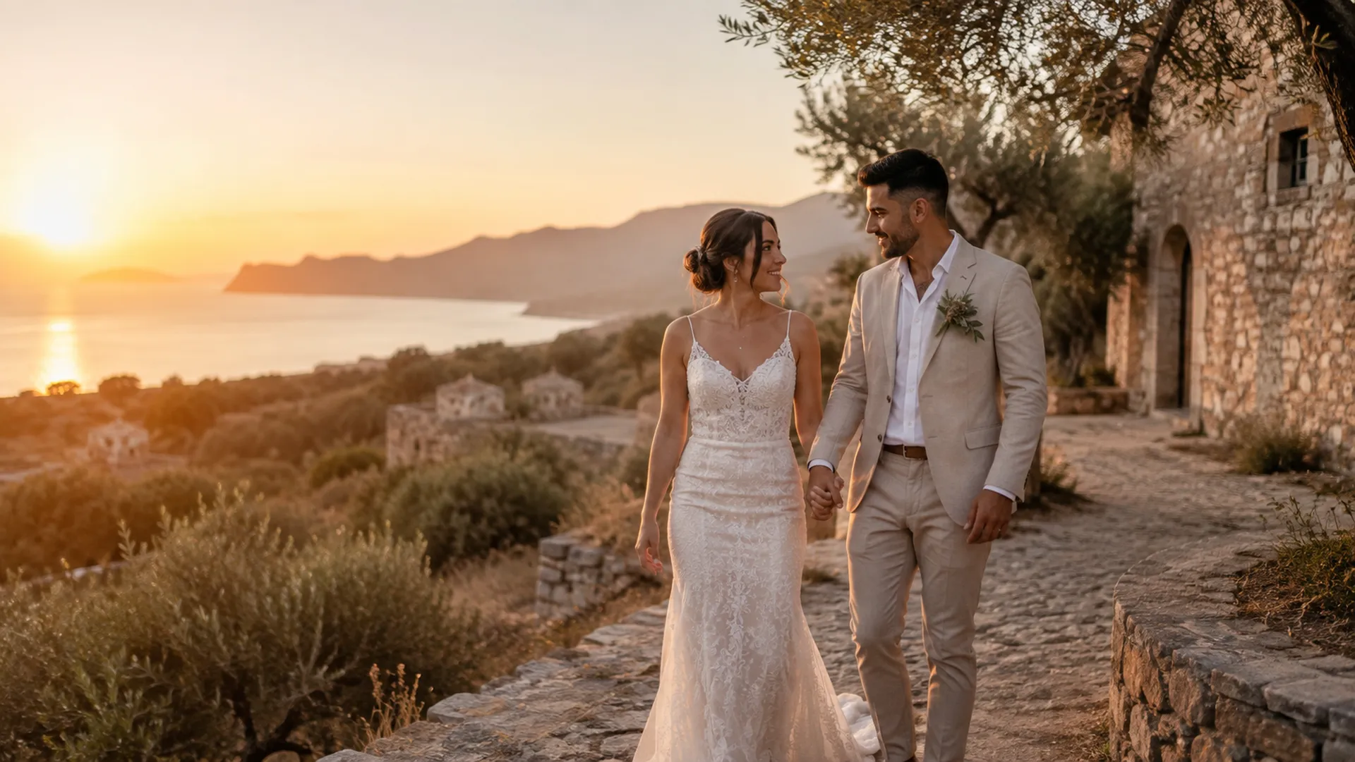 Bride and groom walking together at sunset during their wedding in Crete